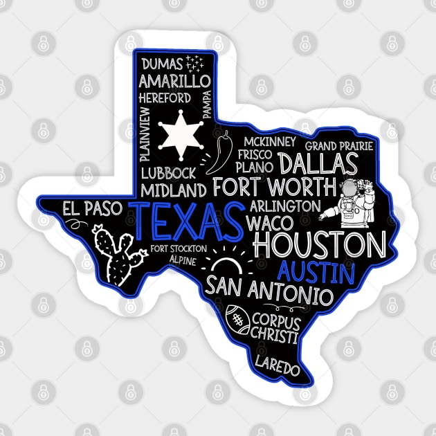 Austin Texas cute map San Antonio El Paso Dallas Laredo Waco TX state Sticker by BoogieCreates